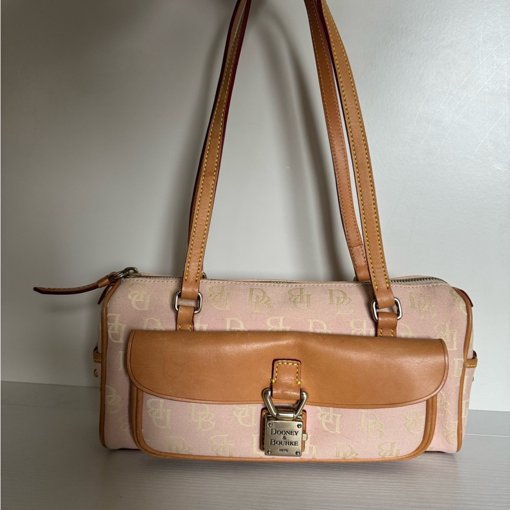 Authentic Dooney & Bourke Pink and Tan Leather Shoulder Bag with Gold Lock